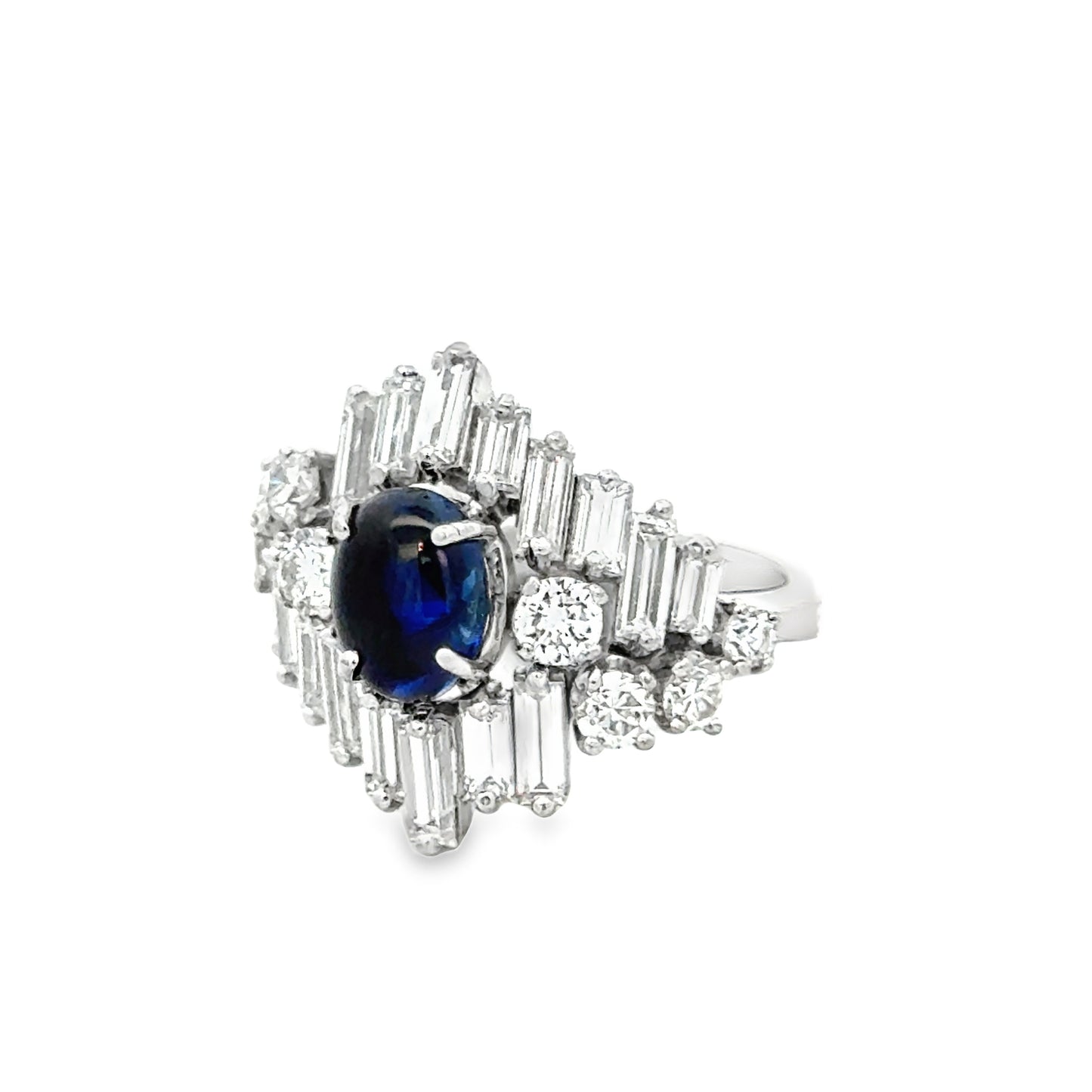 Platinum Sapphire Cabochon Statement Ring with Baguette & Round Diamonds