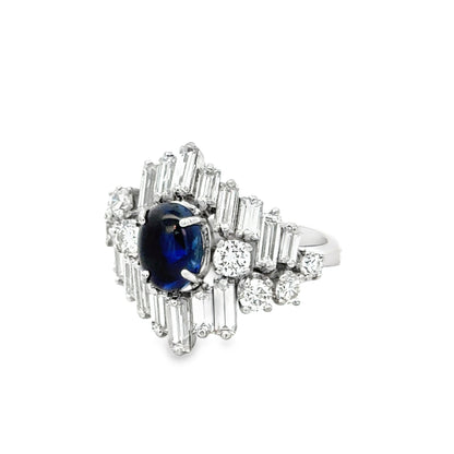 Platinum Sapphire Cabochon Statement Ring with Baguette & Round Diamonds