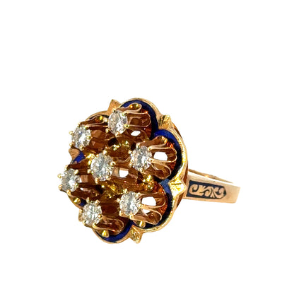 Renaissance Revival Diamond Cluster Ring in 14K Yellow Gold and Enamel
