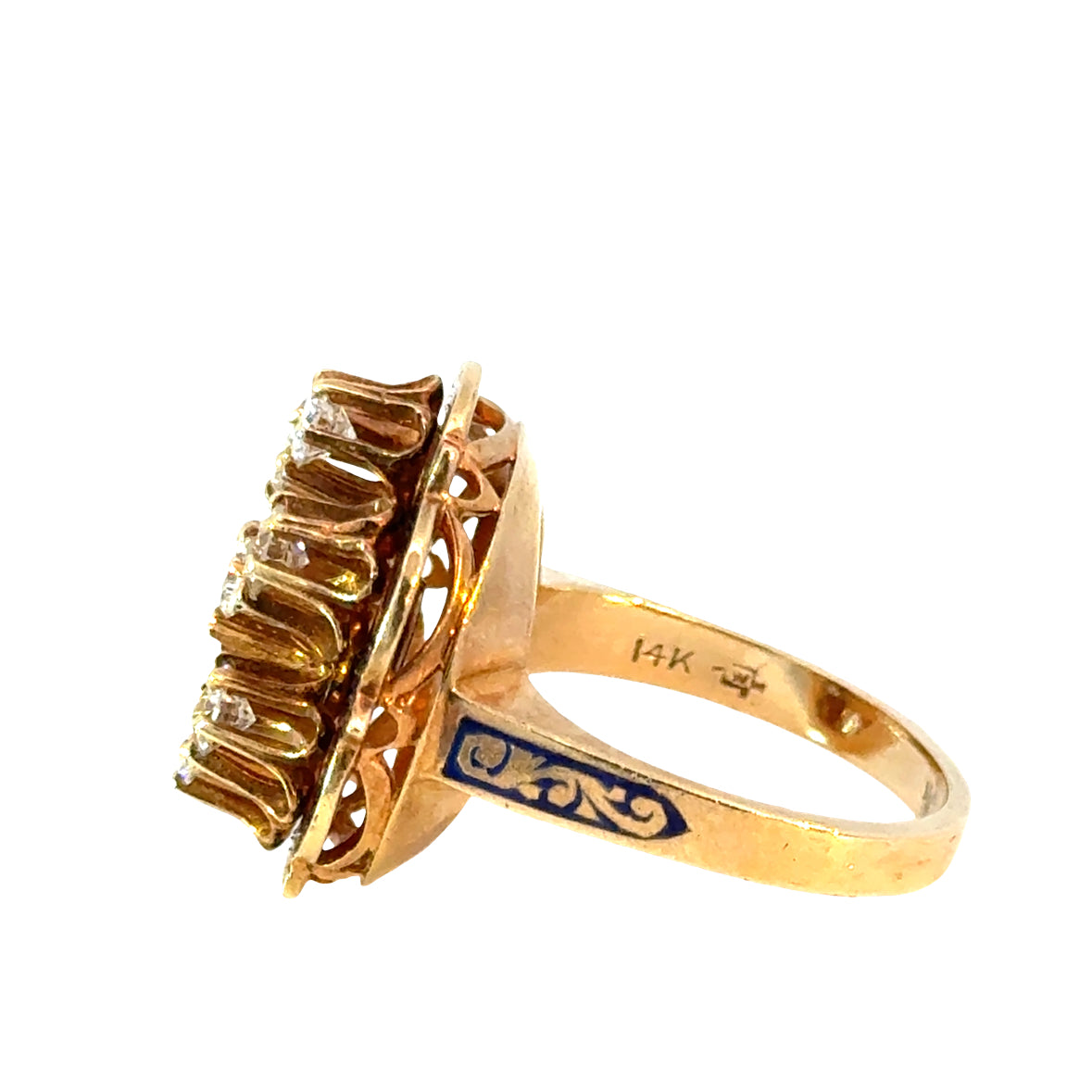 Renaissance Revival Diamond Cluster Ring in 14K Yellow Gold and Enamel