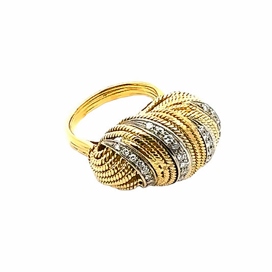 Vintage 18K Rope Design Dome Ring With Diamonds