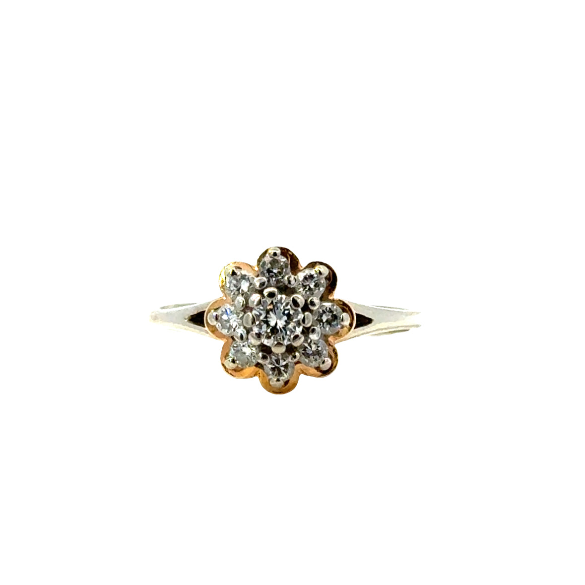 14K White & Yellow Gold Diamond Flower Ring with Scalloped Border