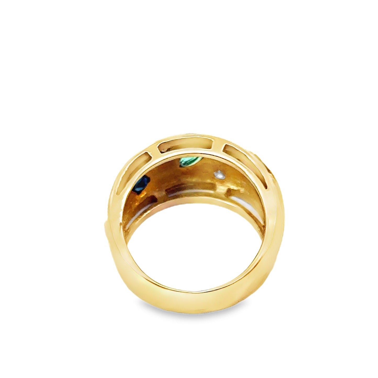 14K Yellow Gold Ruby, Sapphire, Emerald & Diamond Wide Band Ring