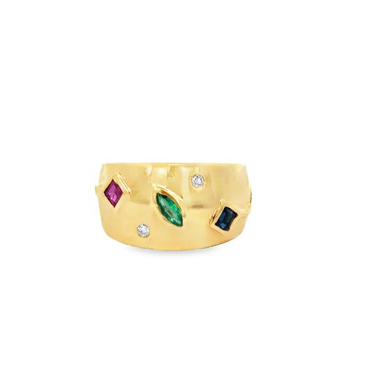 14K Yellow Gold Ruby, Sapphire, Emerald & Diamond Wide Band Ring