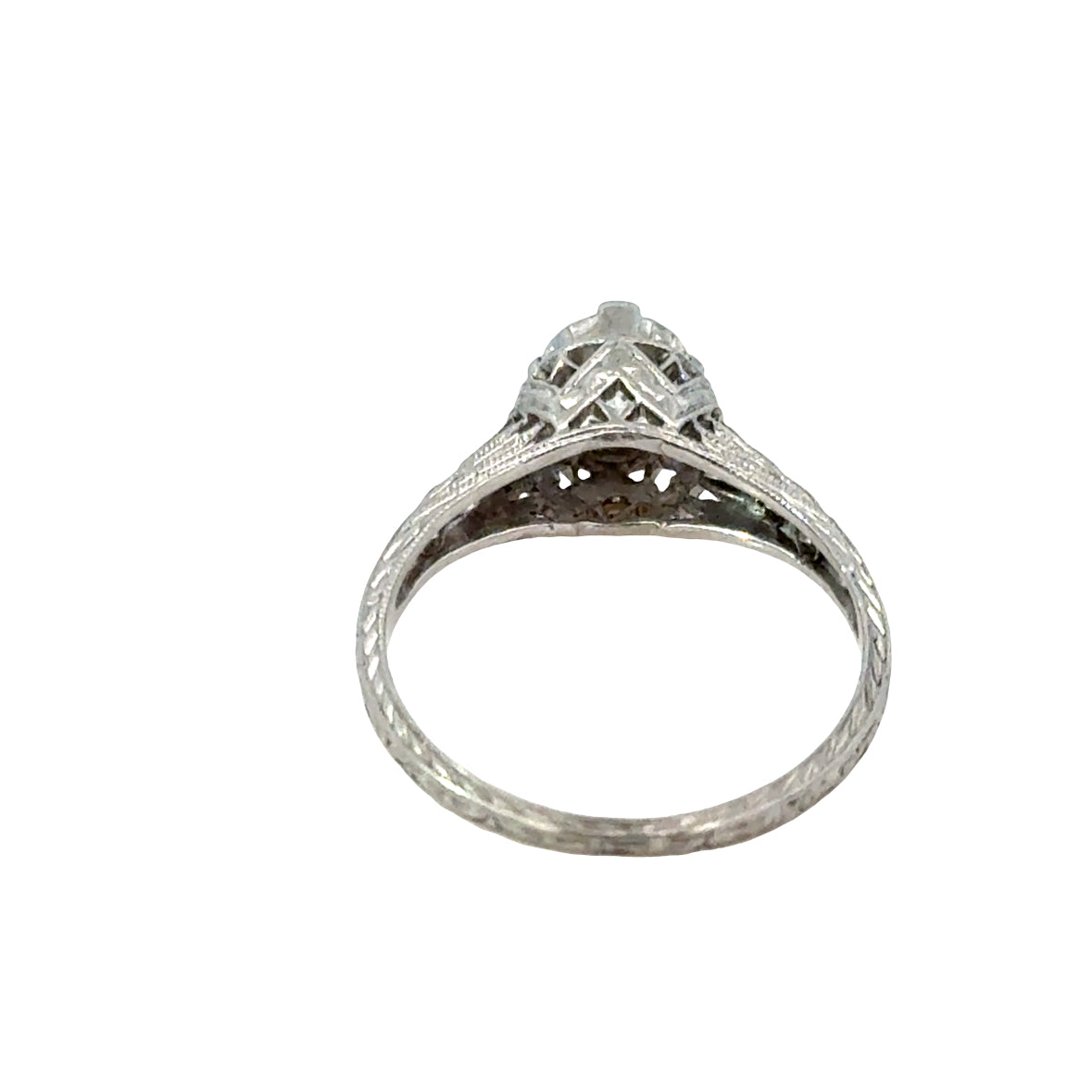 Art Deco Platinum Diamond Ring with Engraved Shoulders – Circa 1920s