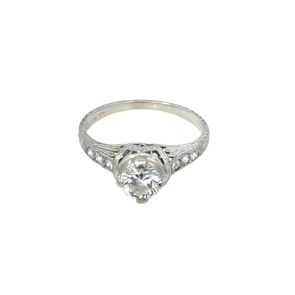 Art Deco Platinum Diamond Ring with Engraved Shoulders – Circa 1920s