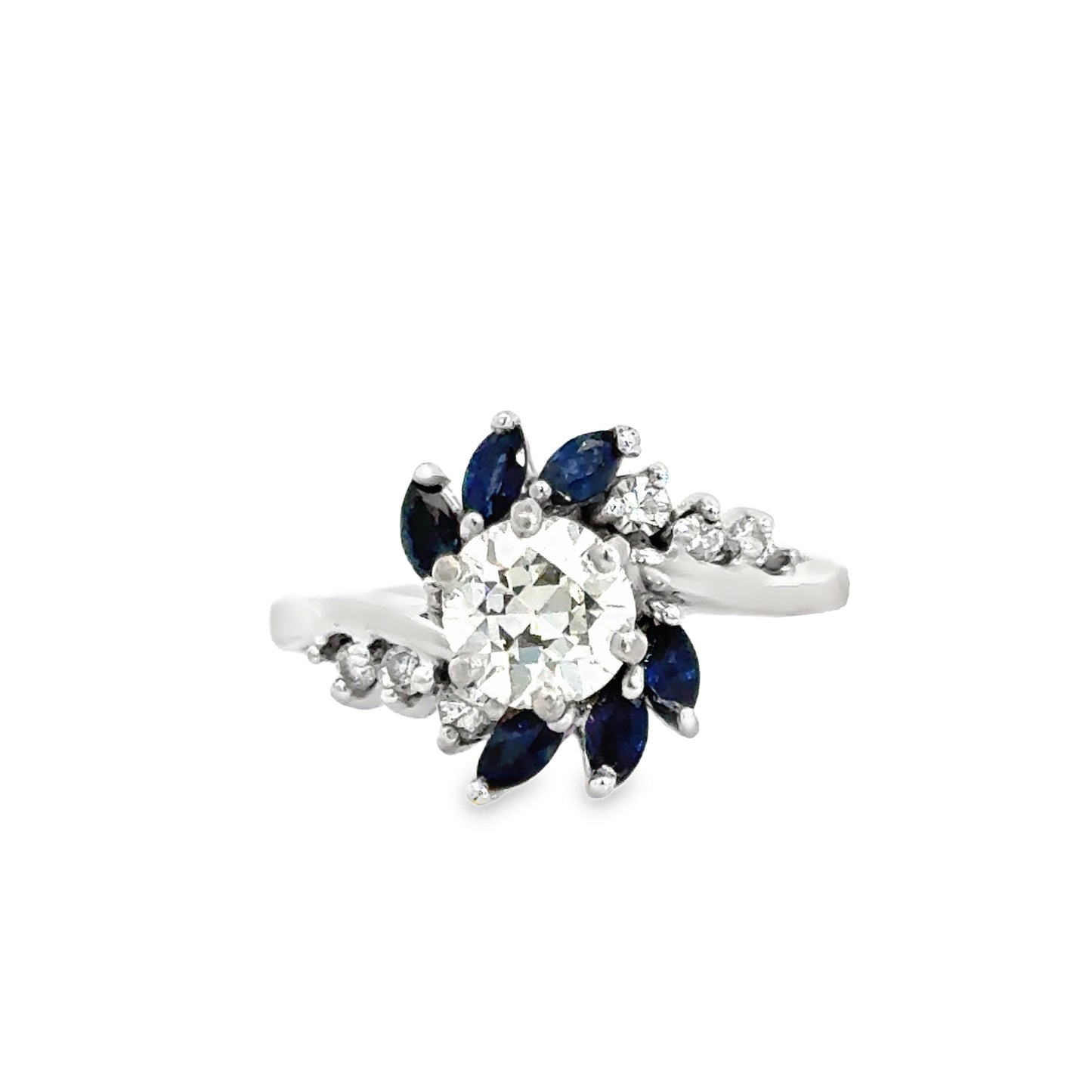 14K White Gold Elegant Diamond Solitaire with Sapphire Accents