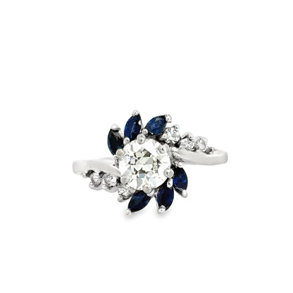 14K White Gold Elegant Diamond Solitaire with Sapphire Accents