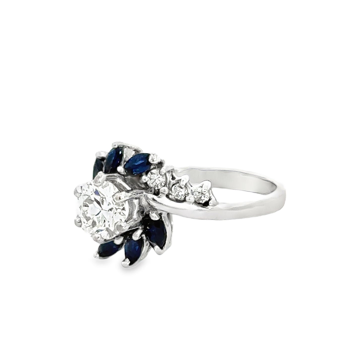 14K White Gold Elegant Diamond Solitaire with Sapphire Accents