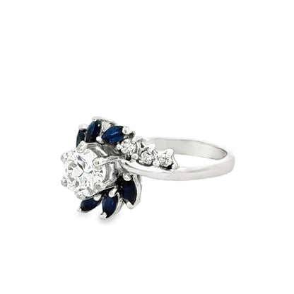 14K White Gold Elegant Diamond Solitaire with Sapphire Accents
