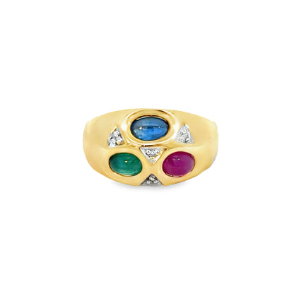 14K Gold Colorful Cabochon Gemstone & Diamond Band