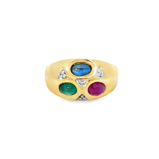 14K Gold Colorful Cabochon Gemstone & Diamond Band