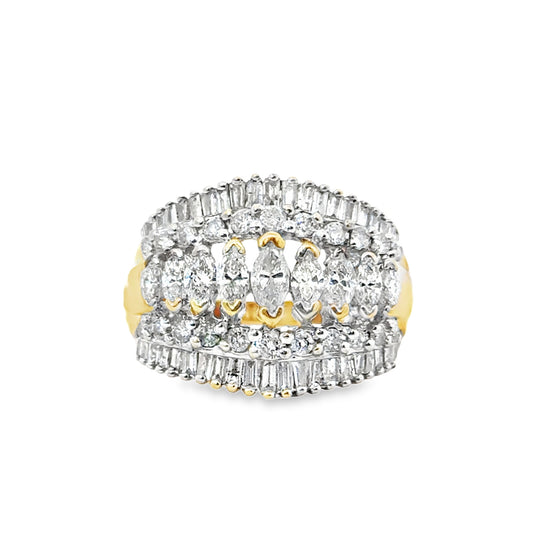 14K Yellow Gold Intricate Multi-Row Diamond Ring