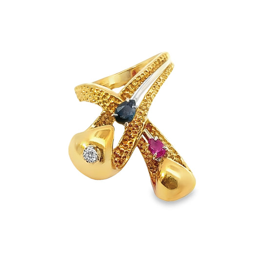 Unique 18K Yellow Gold Tri-Color Sapphire, Ruby & Diamond Ring