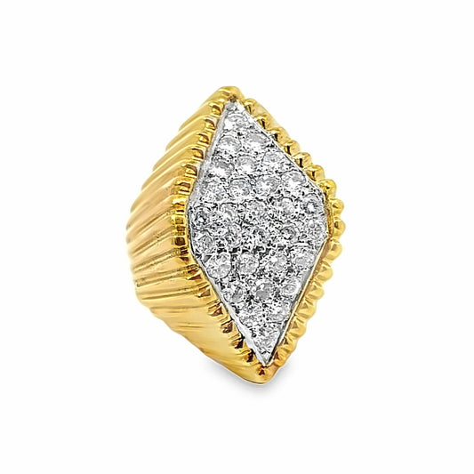 Vintage 14K Yellow & White Gold with Pave Set Diamonds Cocktail Ring with Scalloped Sides