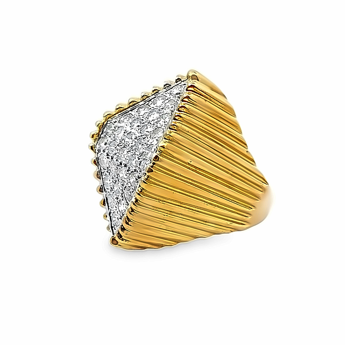 Vintage 14K Yellow & White Gold with Pave Set Diamonds Cocktail Ring with Scalloped Sides