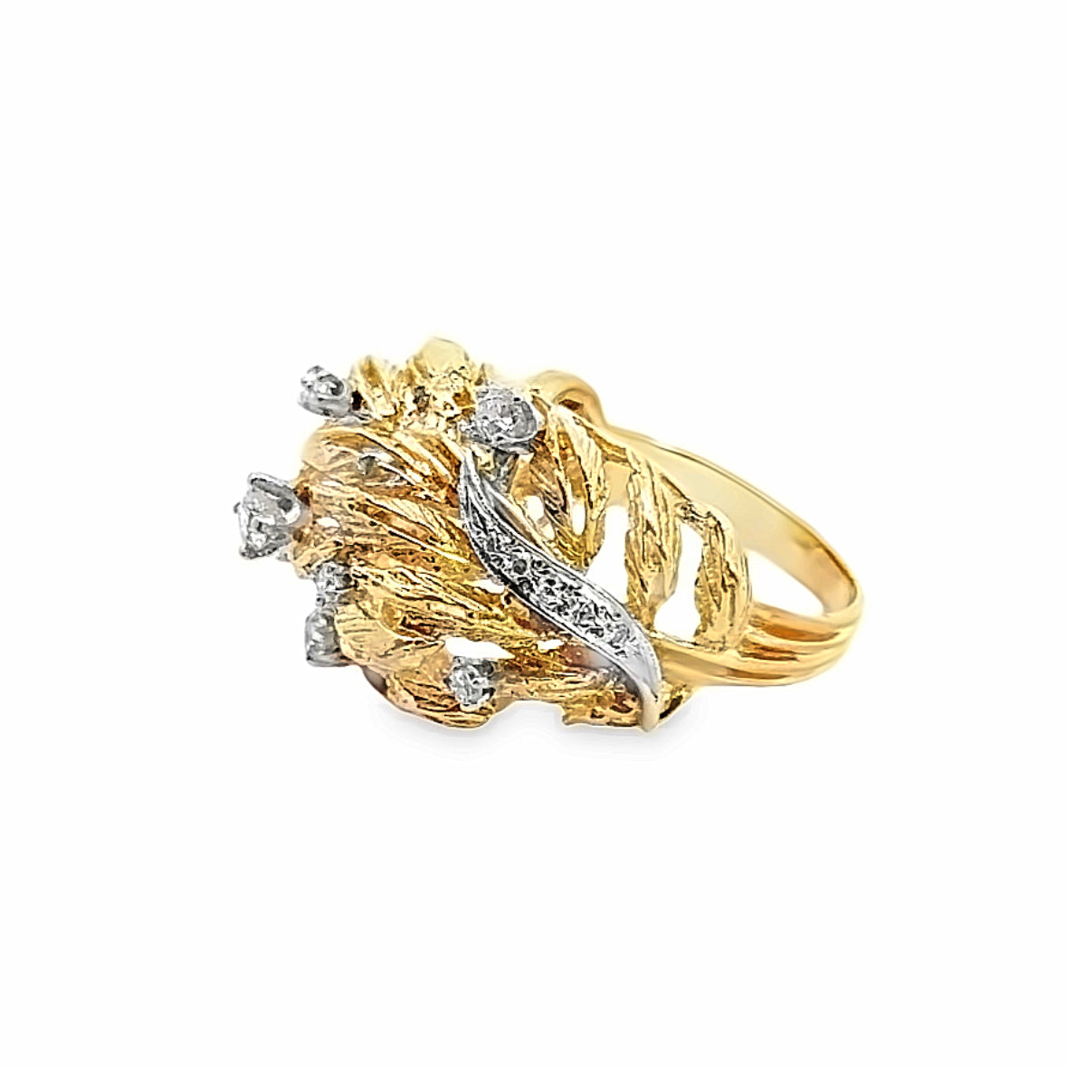 14K Yellow & White Gold Leaf Branch Design with Brilliant Cut Diamond Accents