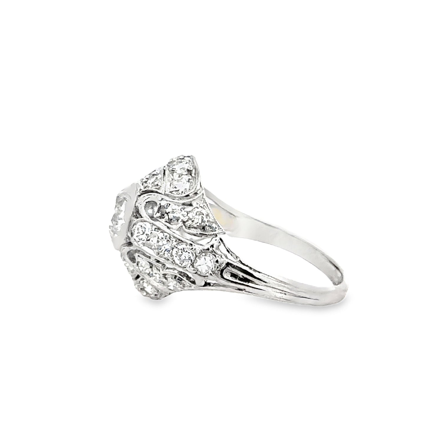 Art Deco Platinum Diamond Ring with Scrollwork and Accent Diamonds