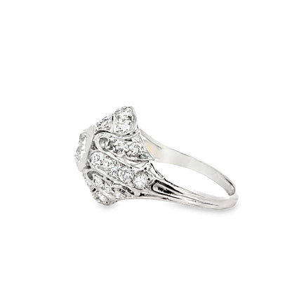 Art Deco Platinum Diamond Ring with Scrollwork and Accent Diamonds