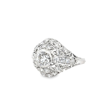 Art Deco Platinum Diamond Ring with Scrollwork and Accent Diamonds