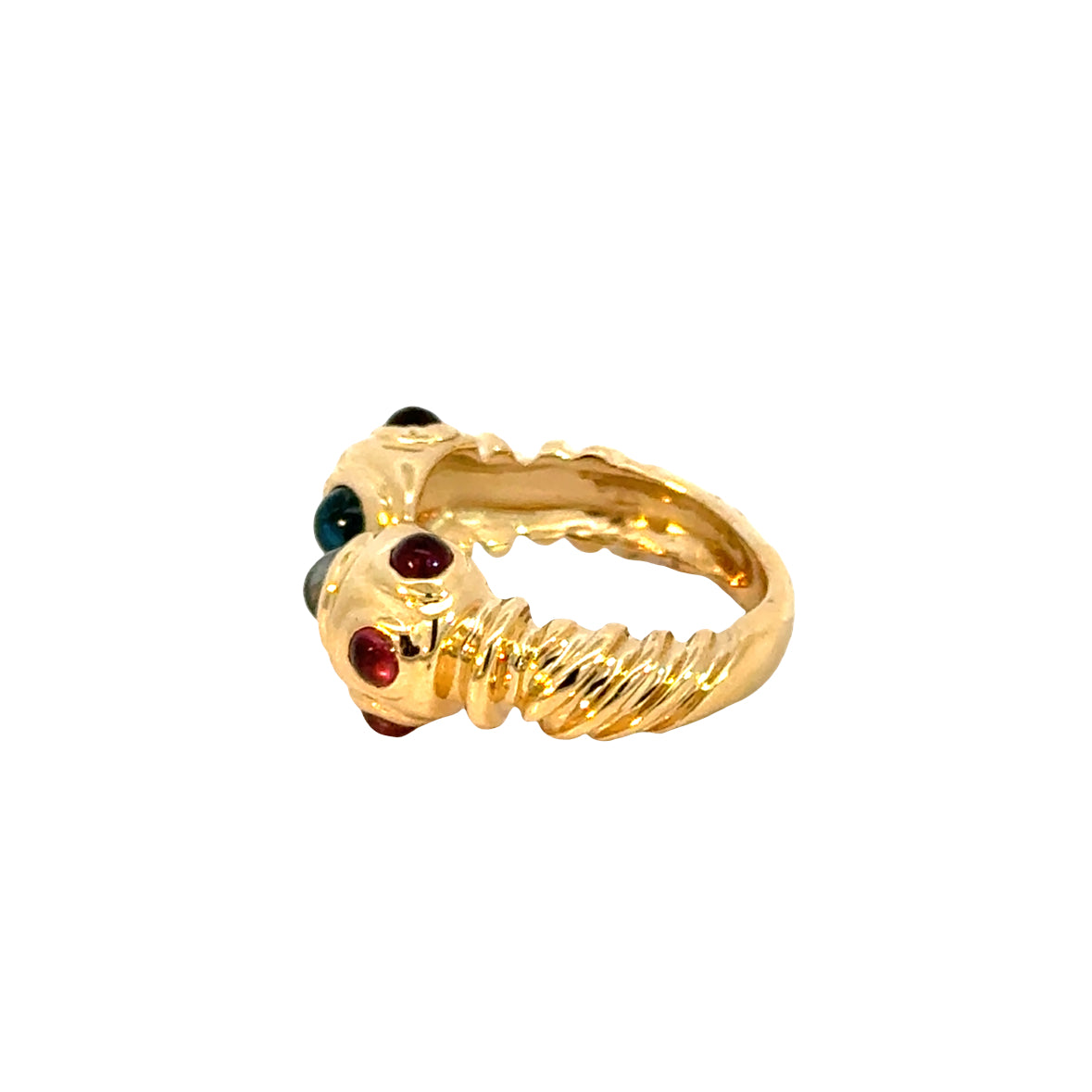 14K Yellow Gold Garnet & Blue Topaz Double-Head Ring – Unique Design