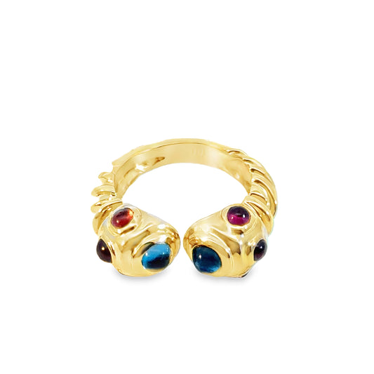 14K Yellow Gold Garnet & Blue Topaz Double-Head Ring – Unique Design