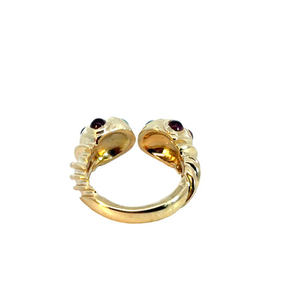 14K Yellow Gold Garnet & Blue Topaz Double-Head Ring – Unique Design