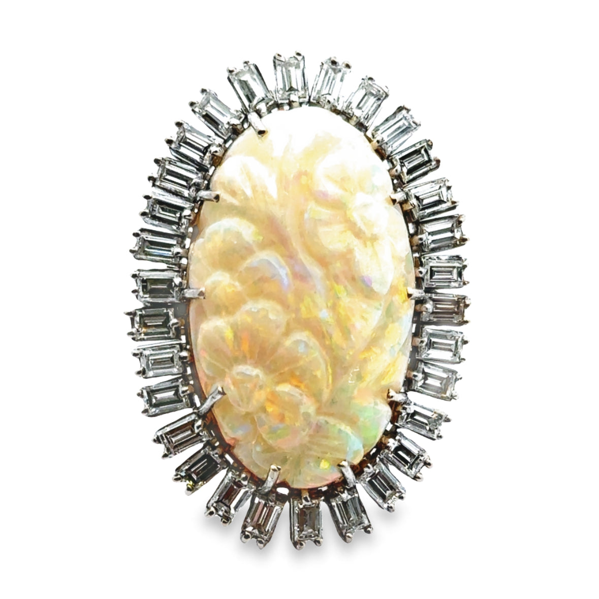 Stunning Estate Carved White Opal & Platinum Ring with a Halo of Diamonds