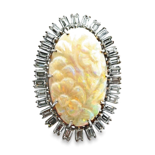 Stunning Estate Carved White Opal & Platinum Ring with a Halo of Diamonds