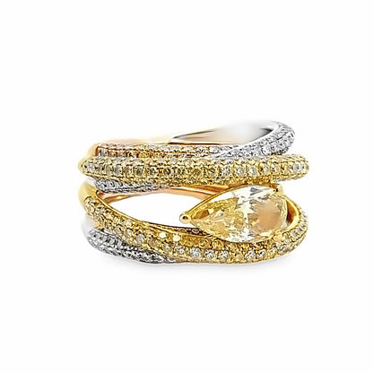 Spectacular 18K Two-Tone Multi Band Ring with White and Yellow Melee Cut Diamonds & a Pear Cut Yellow Diamond Center Stone