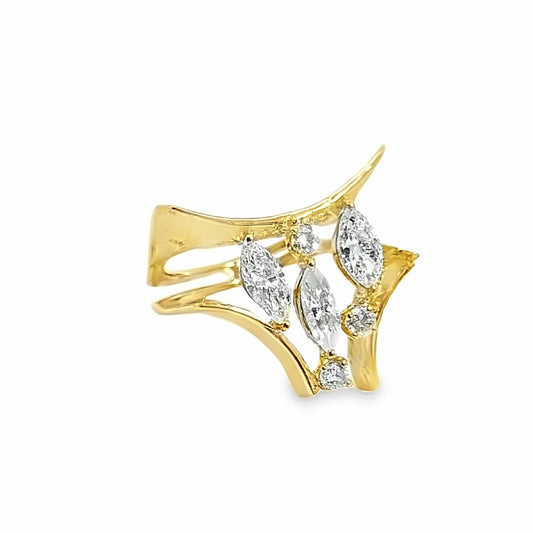 Unique 18K Yellow Gold Three-Stone Marquise Cut Diamond Ring