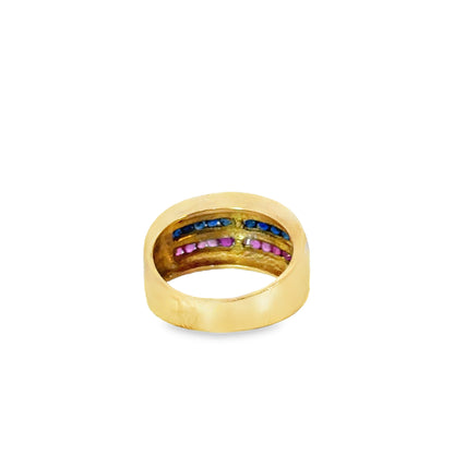 18K Yellow Gold Ruby & Sapphire Triple Row Band Ring