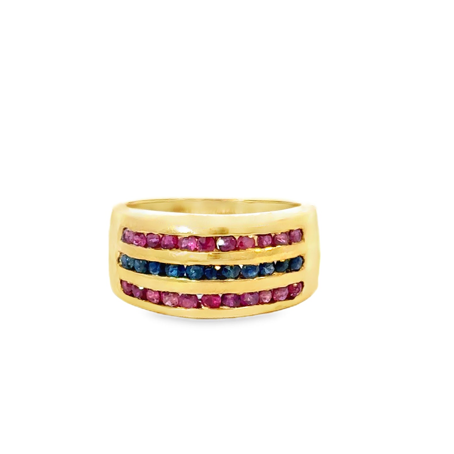18K Yellow Gold Ruby & Sapphire Triple Row Band Ring