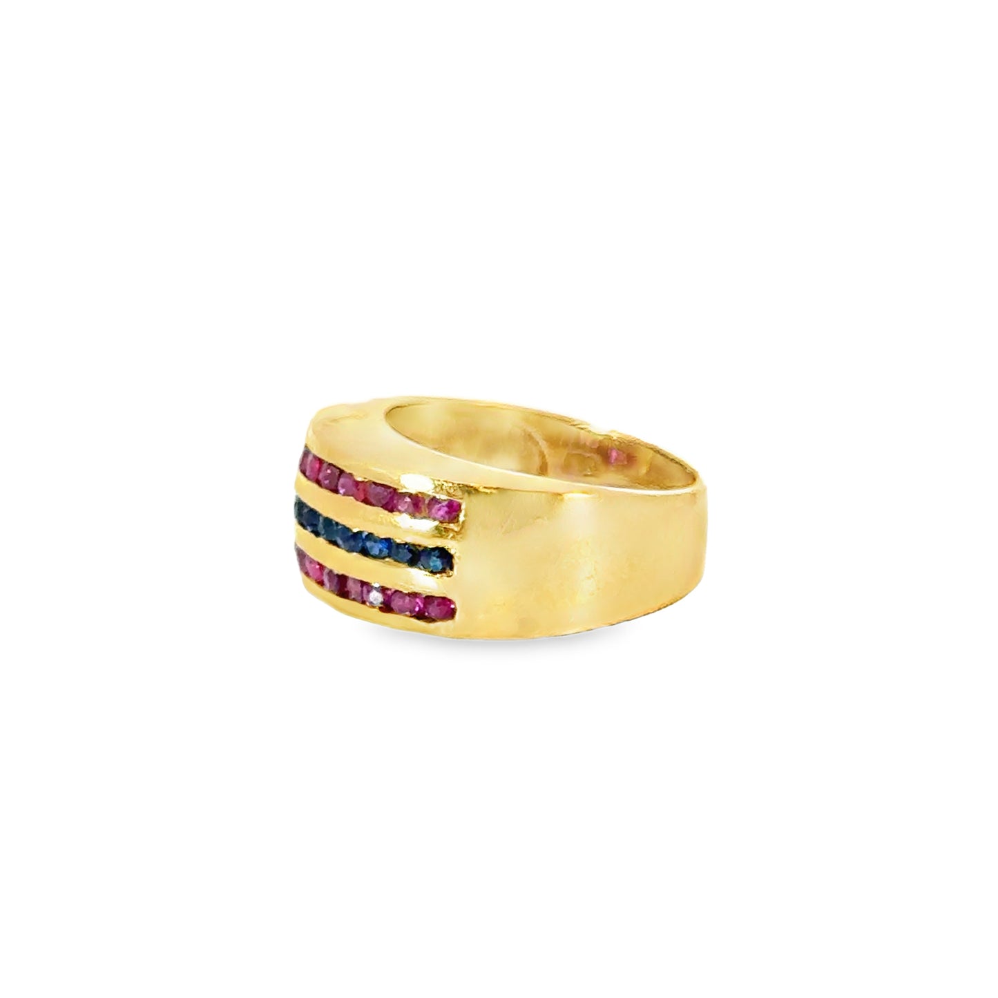 18K Yellow Gold Ruby & Sapphire Triple Row Band Ring