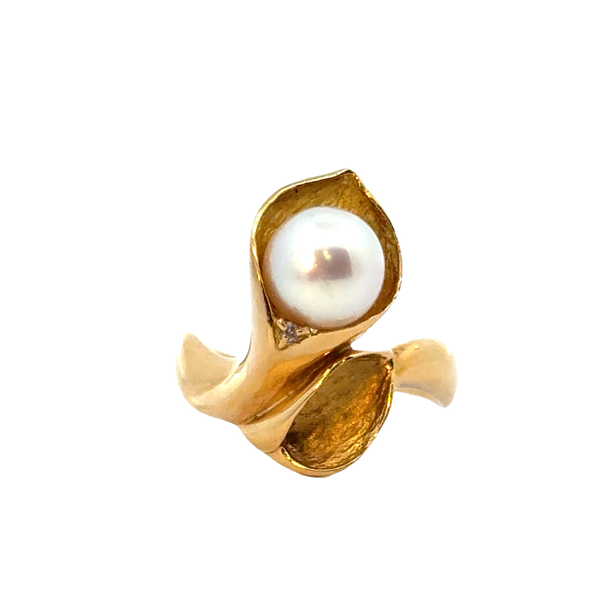 18K Yellow Gold Leaf-Enclosed Pearl & Diamond Ring