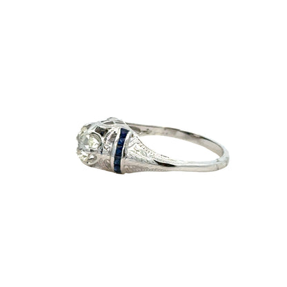 Edwardian Antique Diamond Ring with Sapphire Accents – 18K White Gold