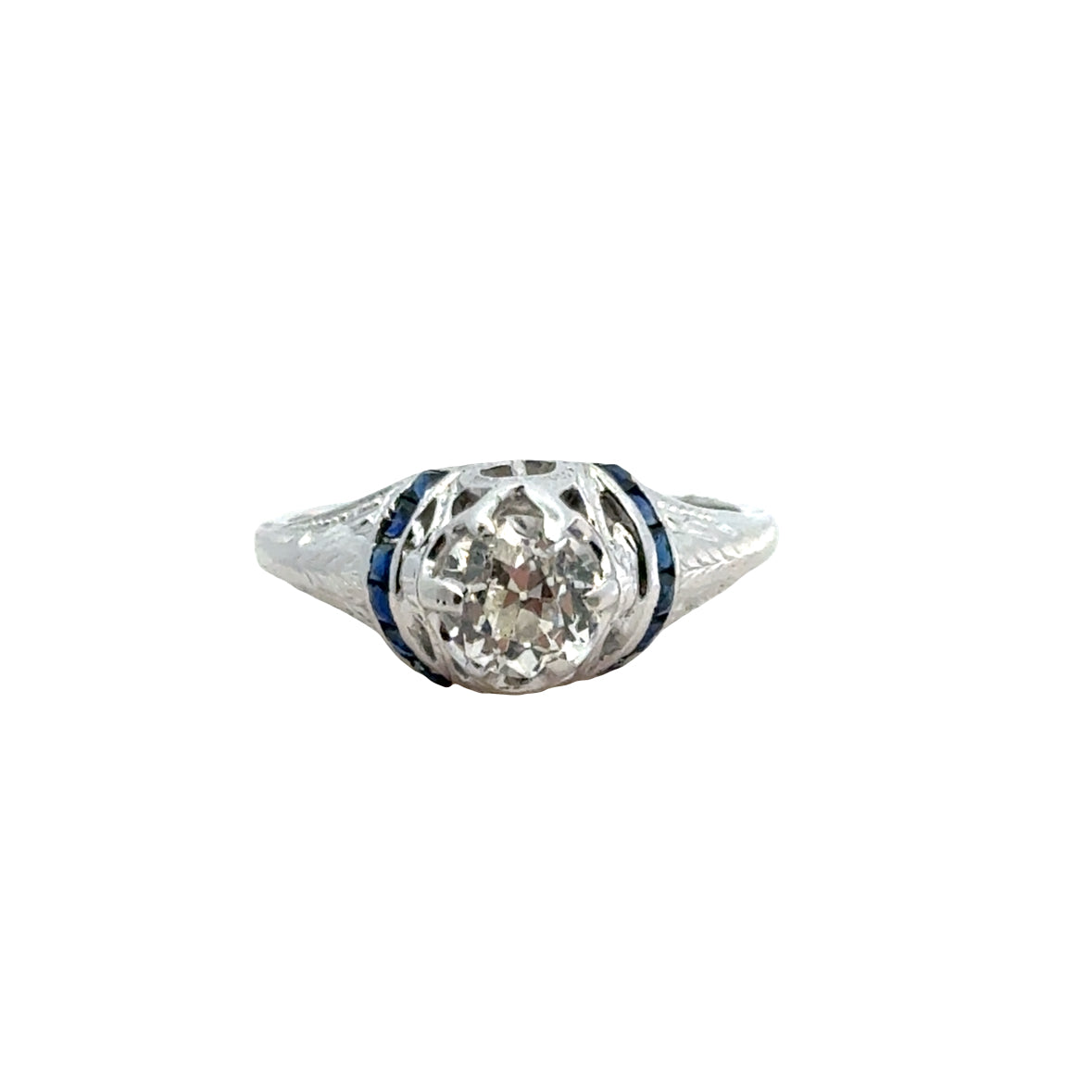 Edwardian Antique Diamond Ring with Sapphire Accents – 18K White Gold