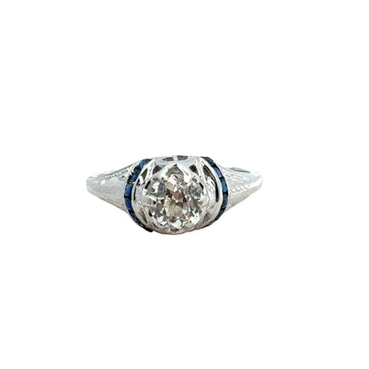 Edwardian Antique Diamond Ring with Sapphire Accents – 18K White Gold