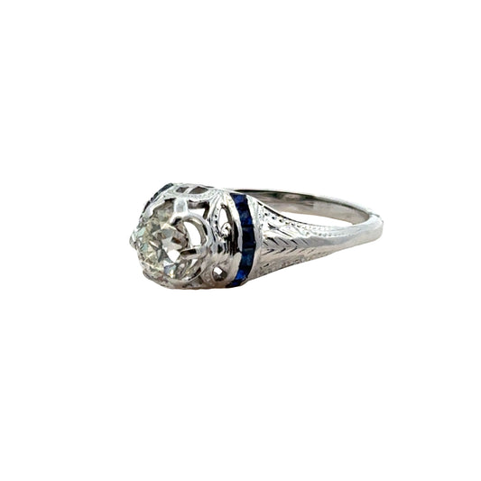 Edwardian Antique Diamond Ring with Sapphire Accents – 18K White Gold
