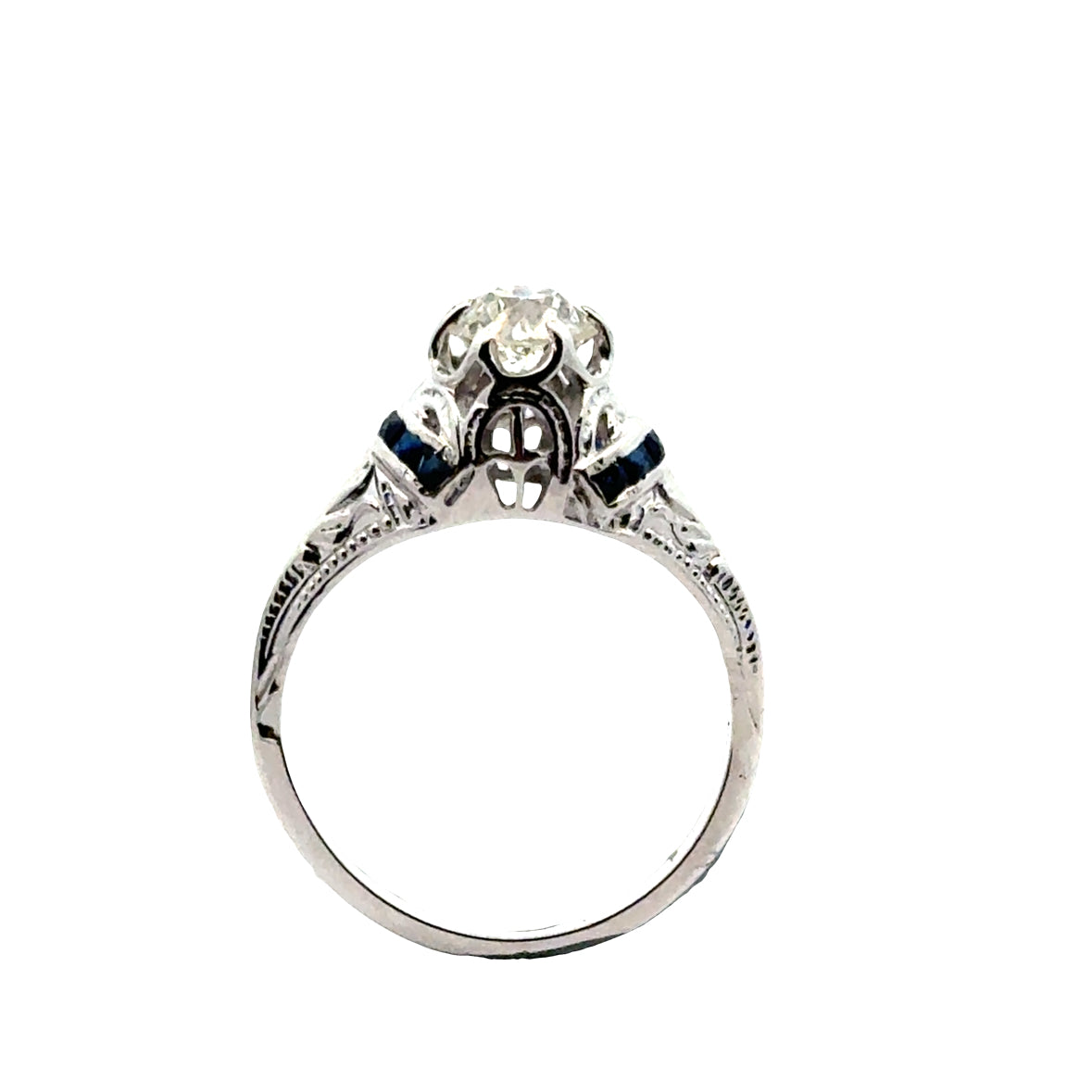 Edwardian Antique Diamond Ring with Sapphire Accents – 18K White Gold