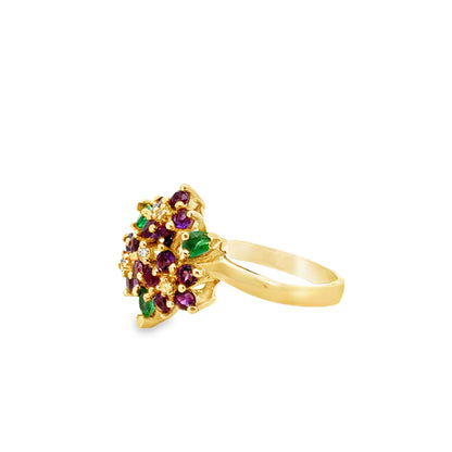 14K Yellow Gold Amethyst & Emerald Cluster Ring with Diamond Accents