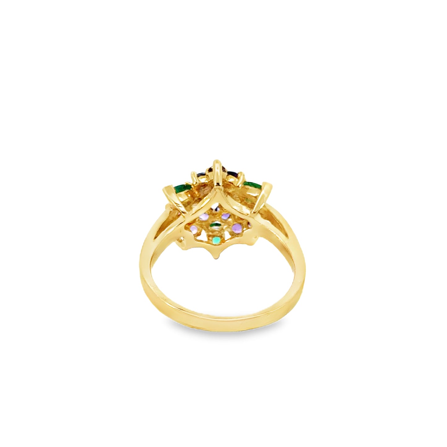 14K Yellow Gold Amethyst & Emerald Cluster Ring with Diamond Accents