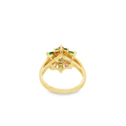 14K Yellow Gold Amethyst & Emerald Cluster Ring with Diamond Accents