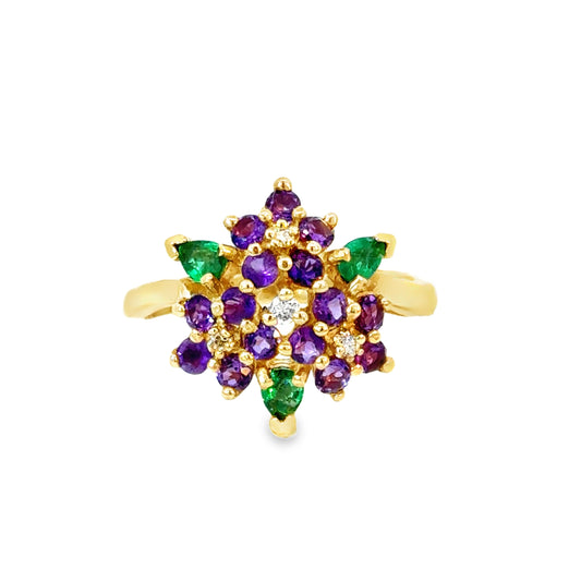 14K Yellow Gold Amethyst & Emerald Cluster Ring with Diamond Accents