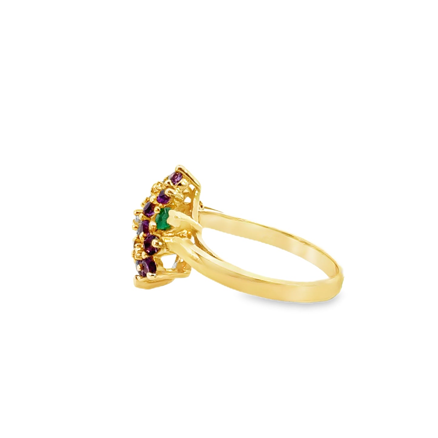 14K Yellow Gold Amethyst & Emerald Cluster Ring with Diamond Accents
