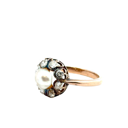 14K Yellow Gold Natural Pearl & Diamond Halo Ring