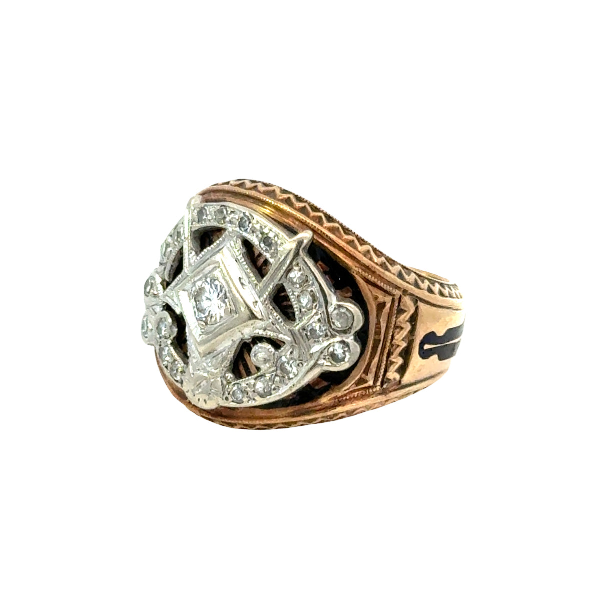 Men’s Masonic Signet Ring in Yellow Gold – Diamond Accents