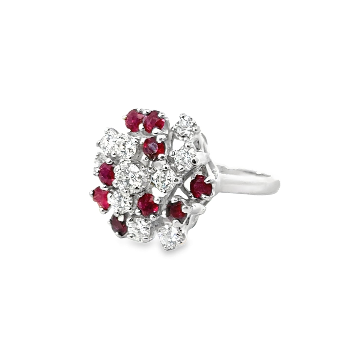 14K White Gold Ruby & Diamond Cluster Ring