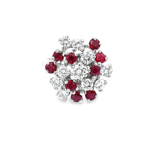 14K White Gold Ruby & Diamond Cluster Ring