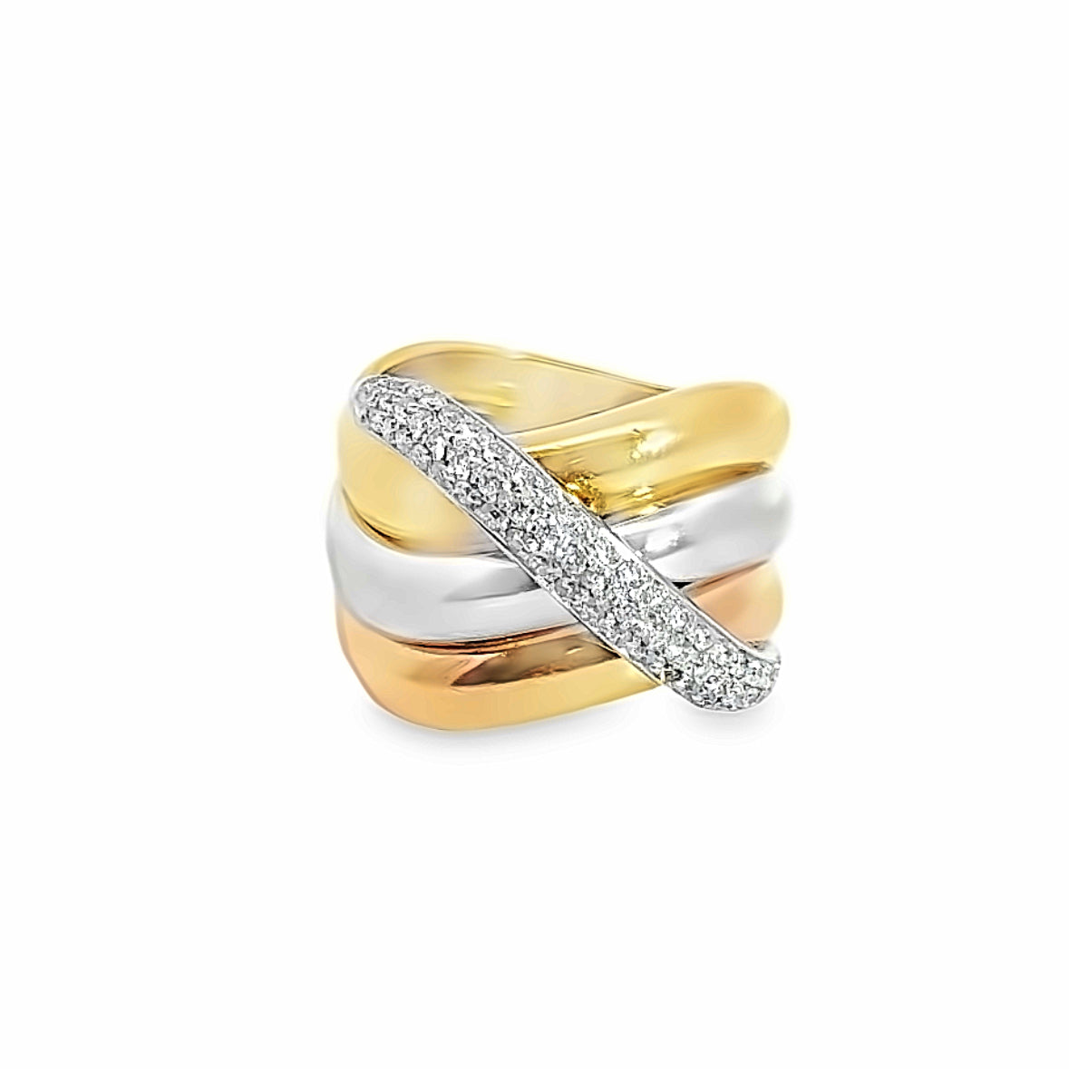 18K Tricolor Three-Row & Pave Set Diamond Rolling Crossover Ring